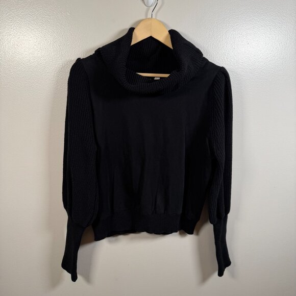 Anthropologie Dolan Cowl Neck Sweater Size Large Black Pullover Puff Sleeve - Picture 2 of 12